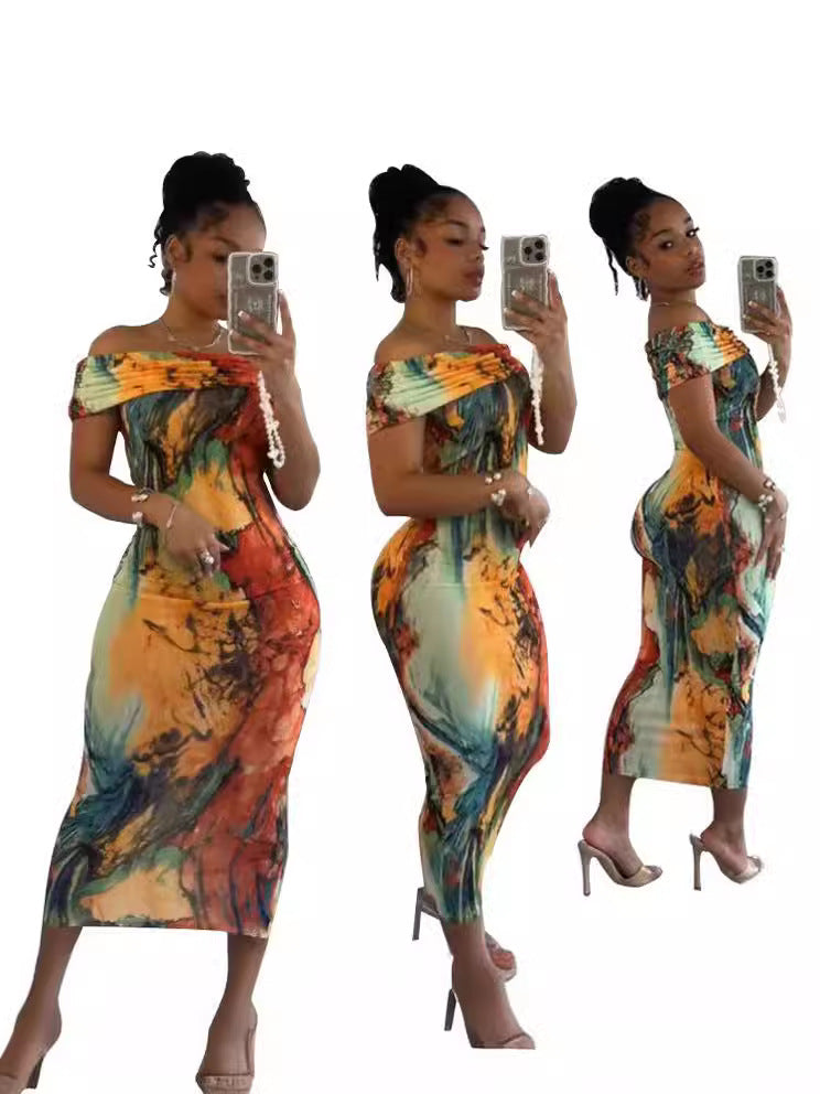 Women's Off Shoulder Fashion Printed Slim Long Dress 9