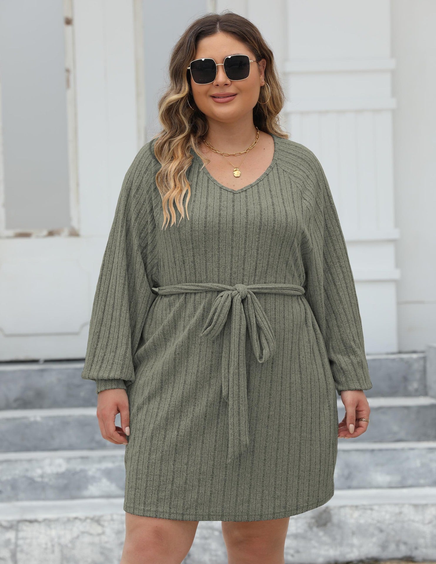 Plus Size Women Lace-Up Ribbed V-Neck Casual Dress 4