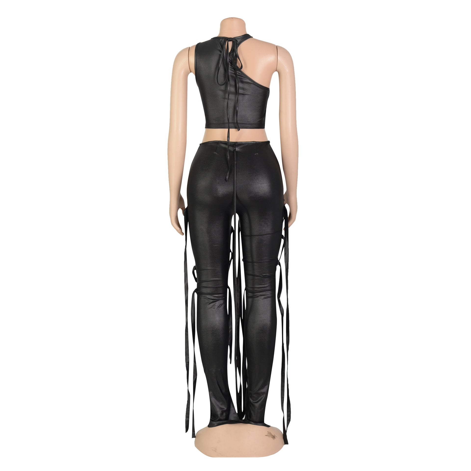 Women's Sexy Faux Leather Tank Top Lace-Up Pants Two Piece Nightclub Set 9
