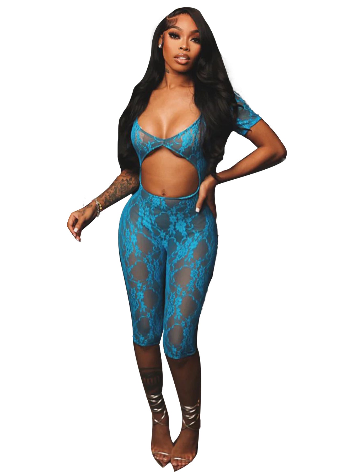 Women's Sexy See Through Lace U Neck Short Sleeve Jumpsuit 7