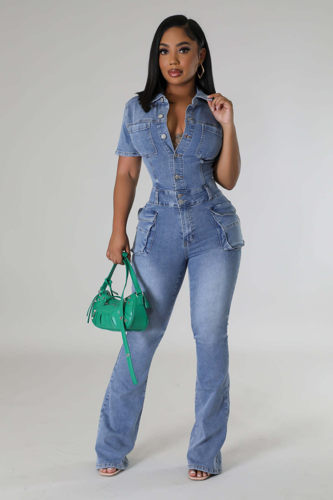 Women Stretch Wash Denim Bell Bottom Jumpsuit