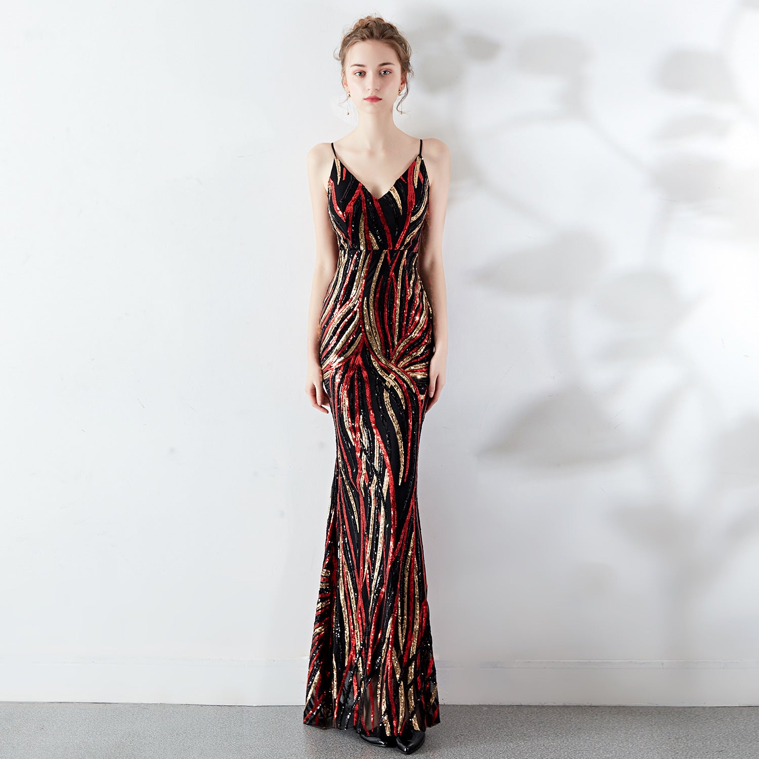 High end sequin stripe color slim fitting dinner party annual meeting suspender long dress