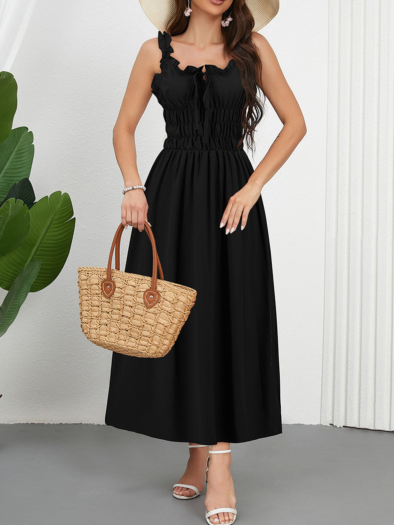 Women Spring And Summer Casual Solid Color Slim Waist Strap Holidays Long Dress 8