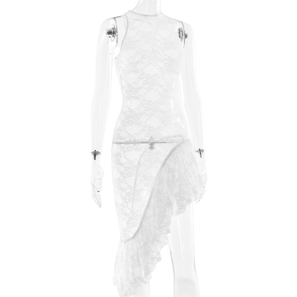 Women Summer Lace Irregular See-Through Sexy Slit Dress 10