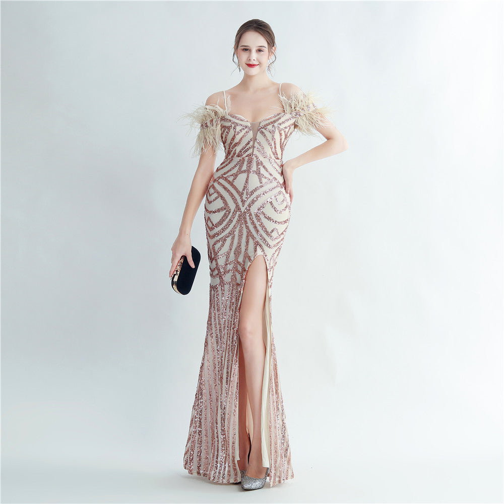 Positioning sequin feather straps off shoulder formal party evening dress 12