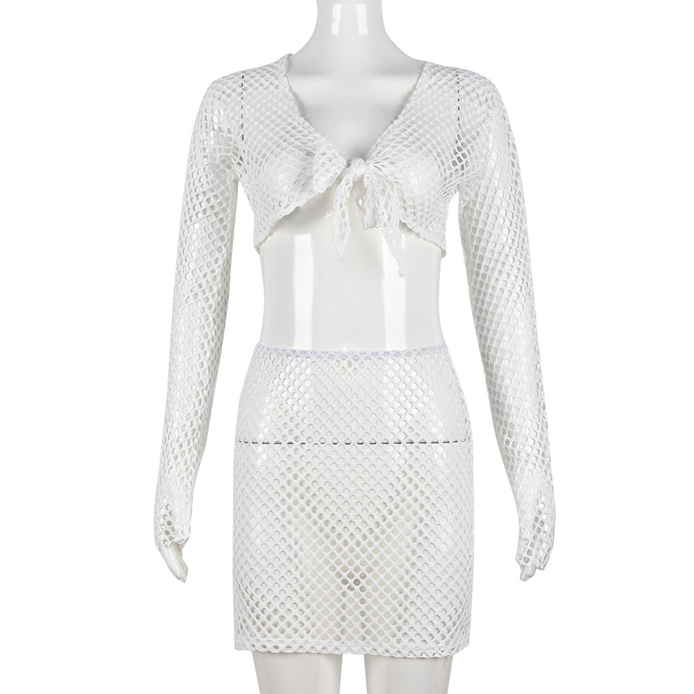 Autumn Sexy Slim Hollow Crop Mesh Two Piece Skirt Set 7