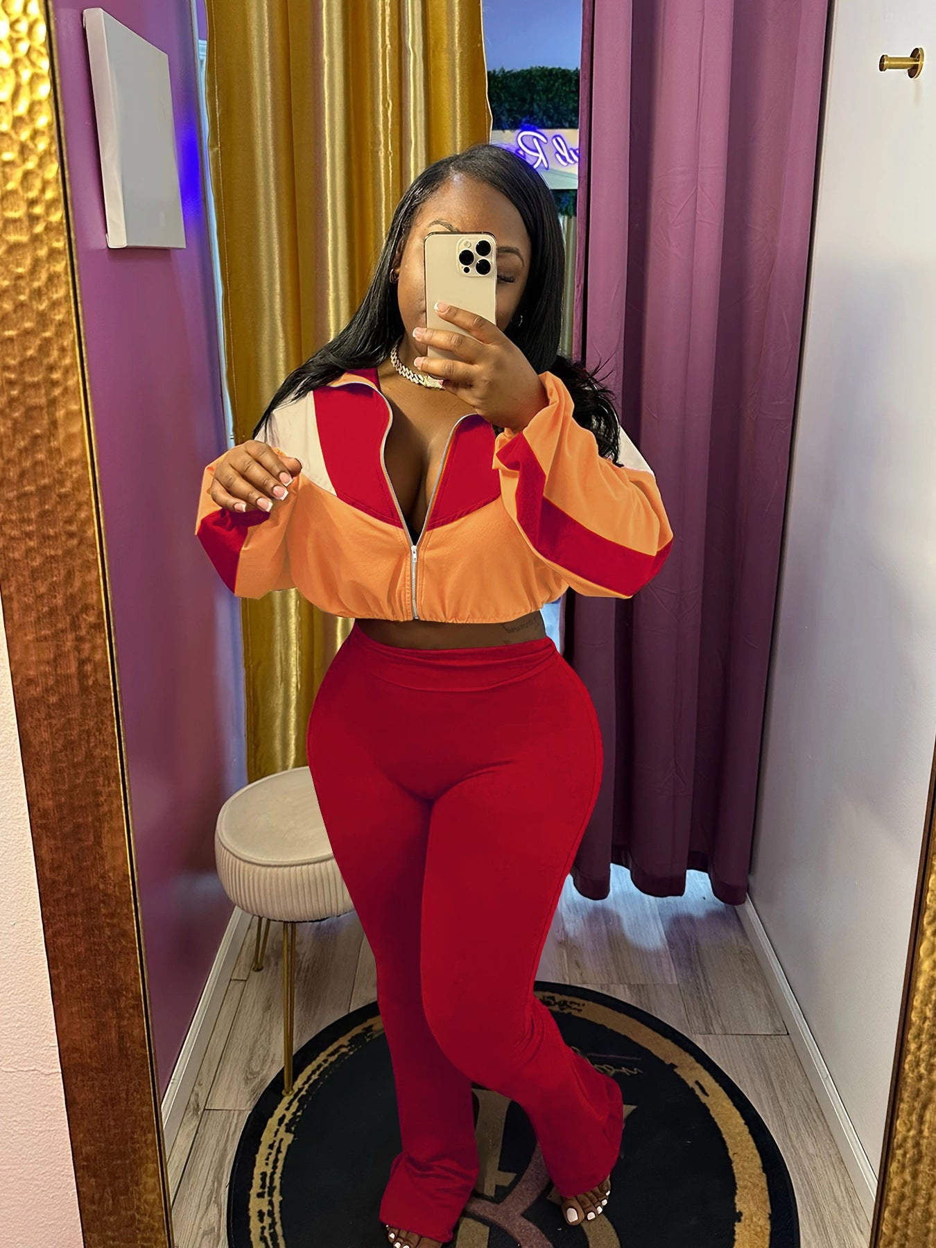 Women Colorblock Zipper Top and Pant Sports Two-Piece Set 4