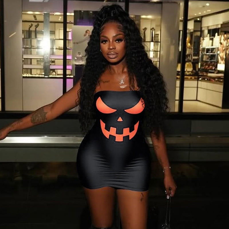 Women's Autumn Strapless Halloween Print Tight-Fitting Mini Bodycon Dress 13