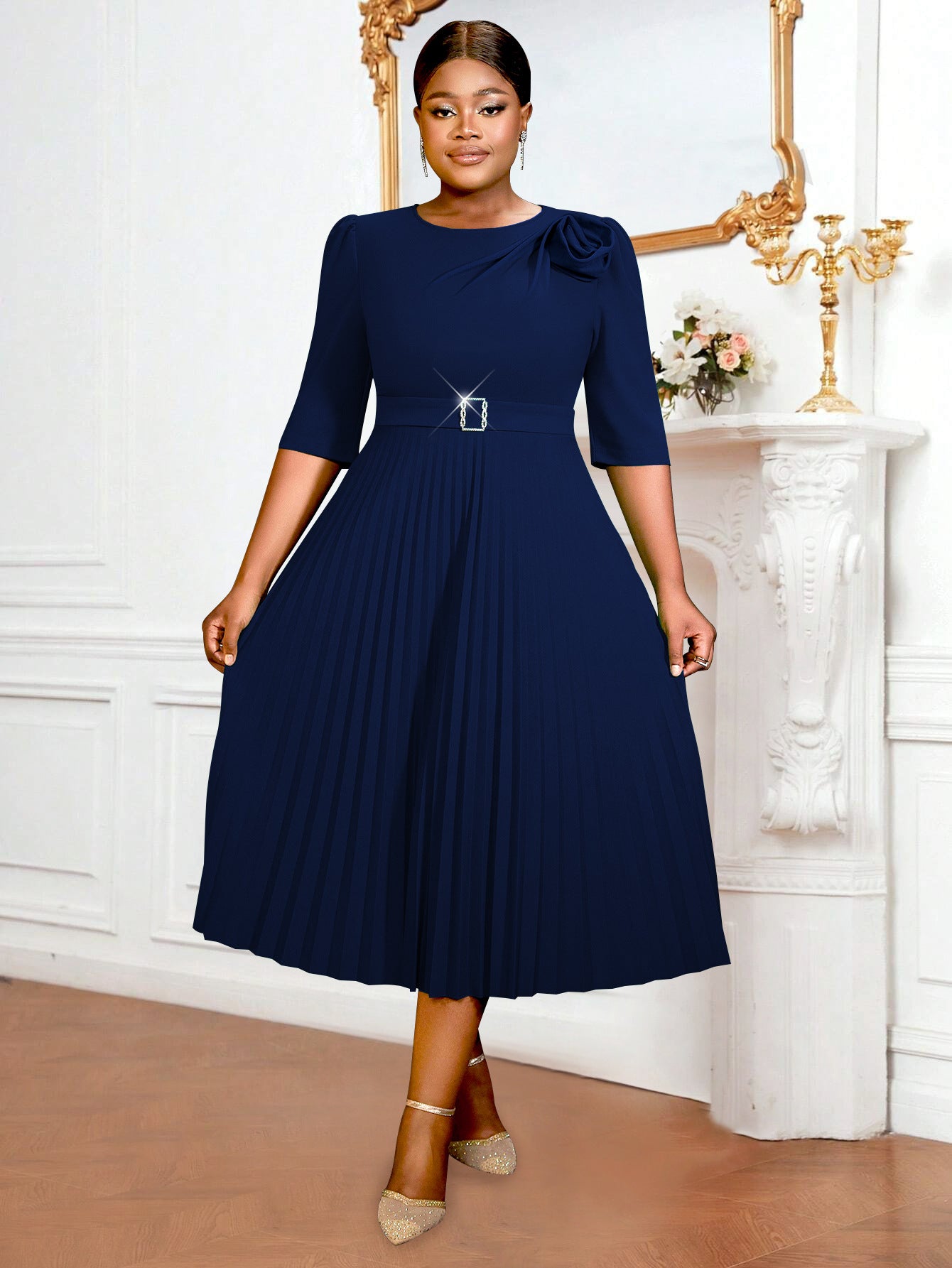 Women Floral Pleated Party Dress 9