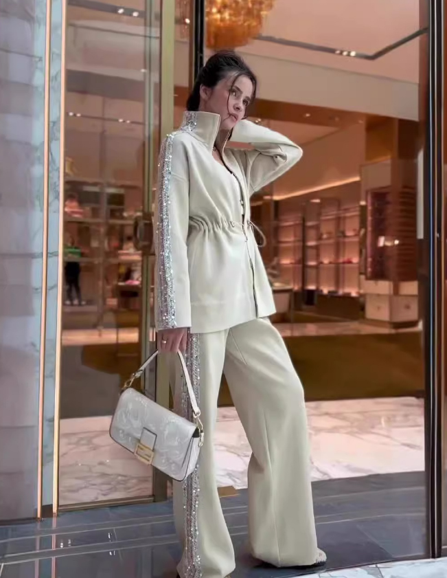 Autumn Fashion Drawstring Slim Waist Top Wide Leg Trousers Two-Piece Set 9