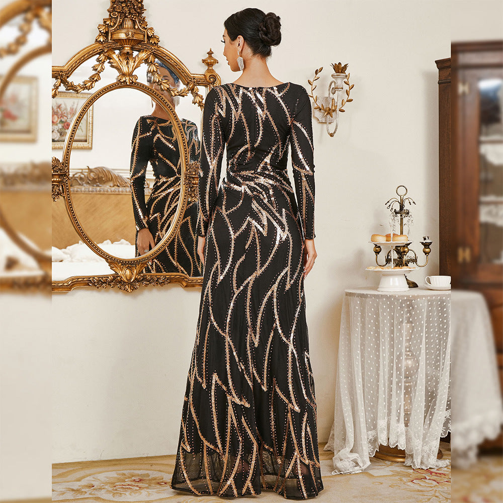 Chic Long Sleeve Round Neck Sexy Long Sequin Formal Party Evening Dress Bridesmaid Dresses For Women 6