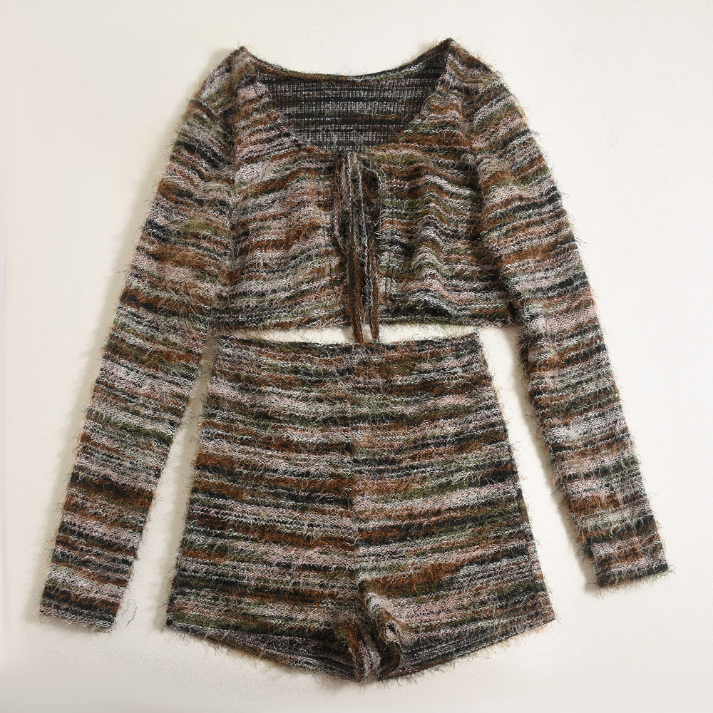 Women's Autumn And Winter Knitted Crop Hollow Lace-Up Fashion Long Sleeve Top Shorts Two Piece Set 6