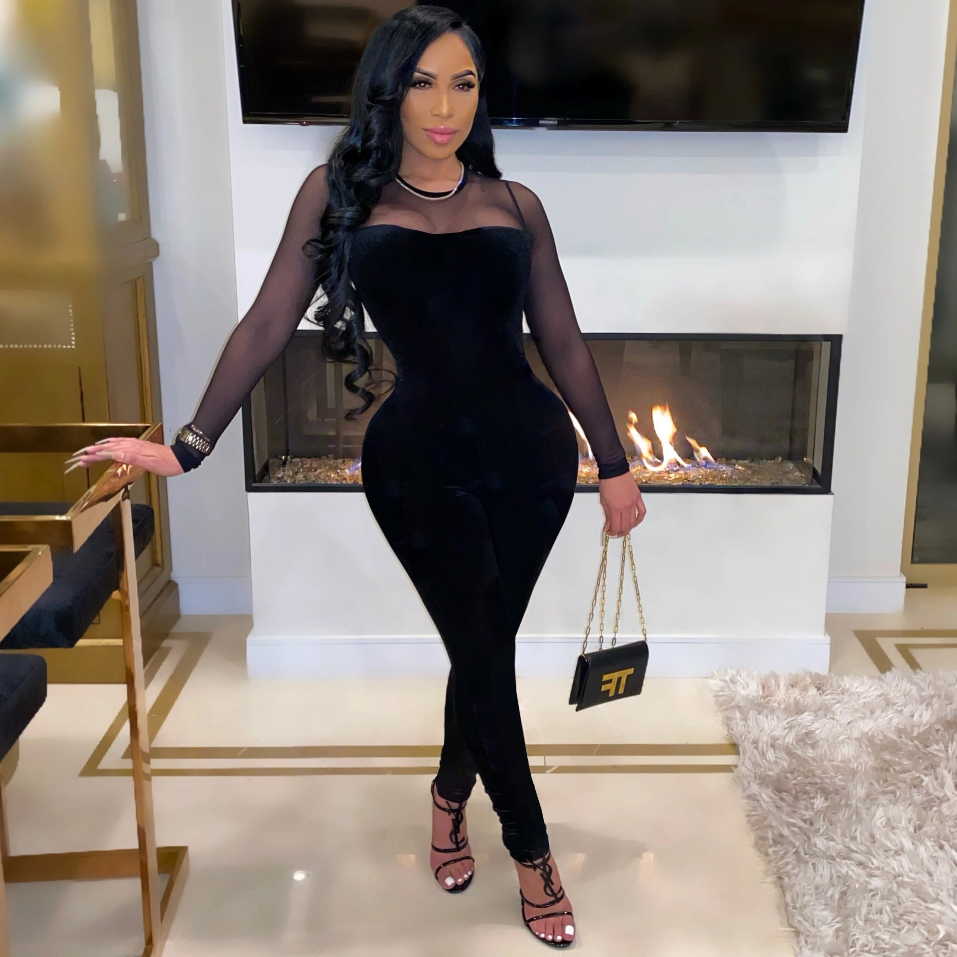 Women Sexy Solid Mesh Patchwork Zip Jumpsuit 3