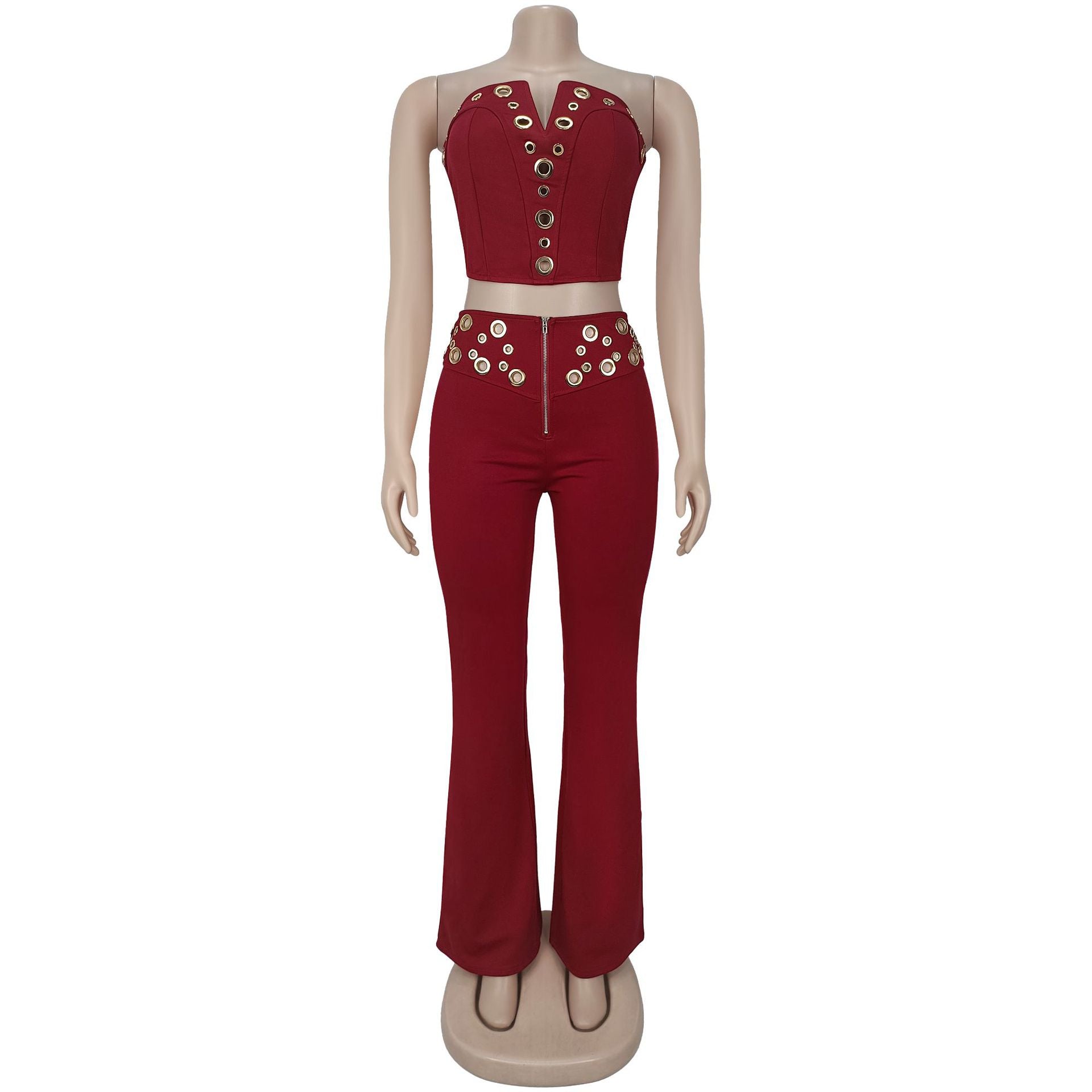 Women's Sexy Strapless Metal Buckle Fashionable Two Piece Pants Set 14