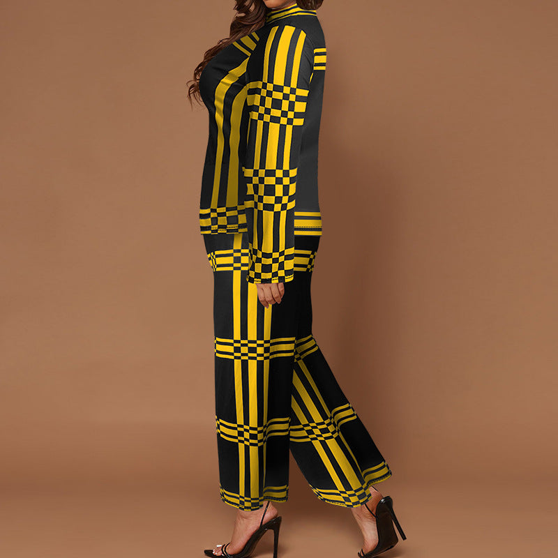 Plus Size Women Stand Collar Striped Long Sleeve Top and Straight Pants Two-piece Set 5