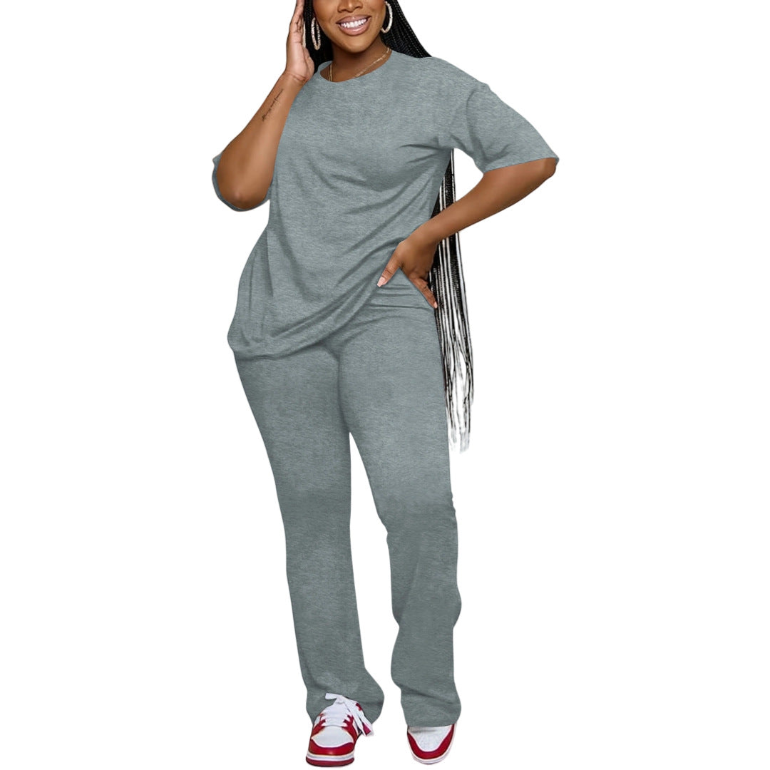 Women Casual Solid Round Neck Top and Pants Two-Piece Set 7