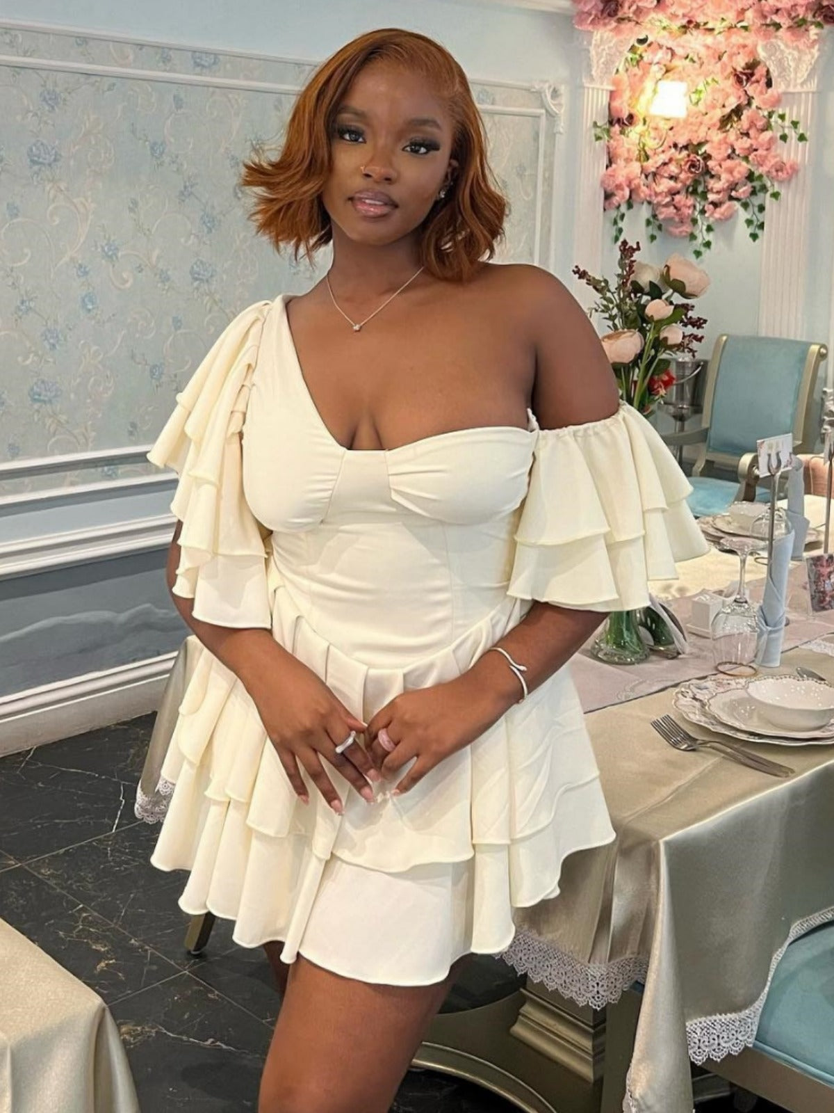 Women Solid Ruffle Sleeve Irregular Slash Shoulder Cascading Ruffles Dress