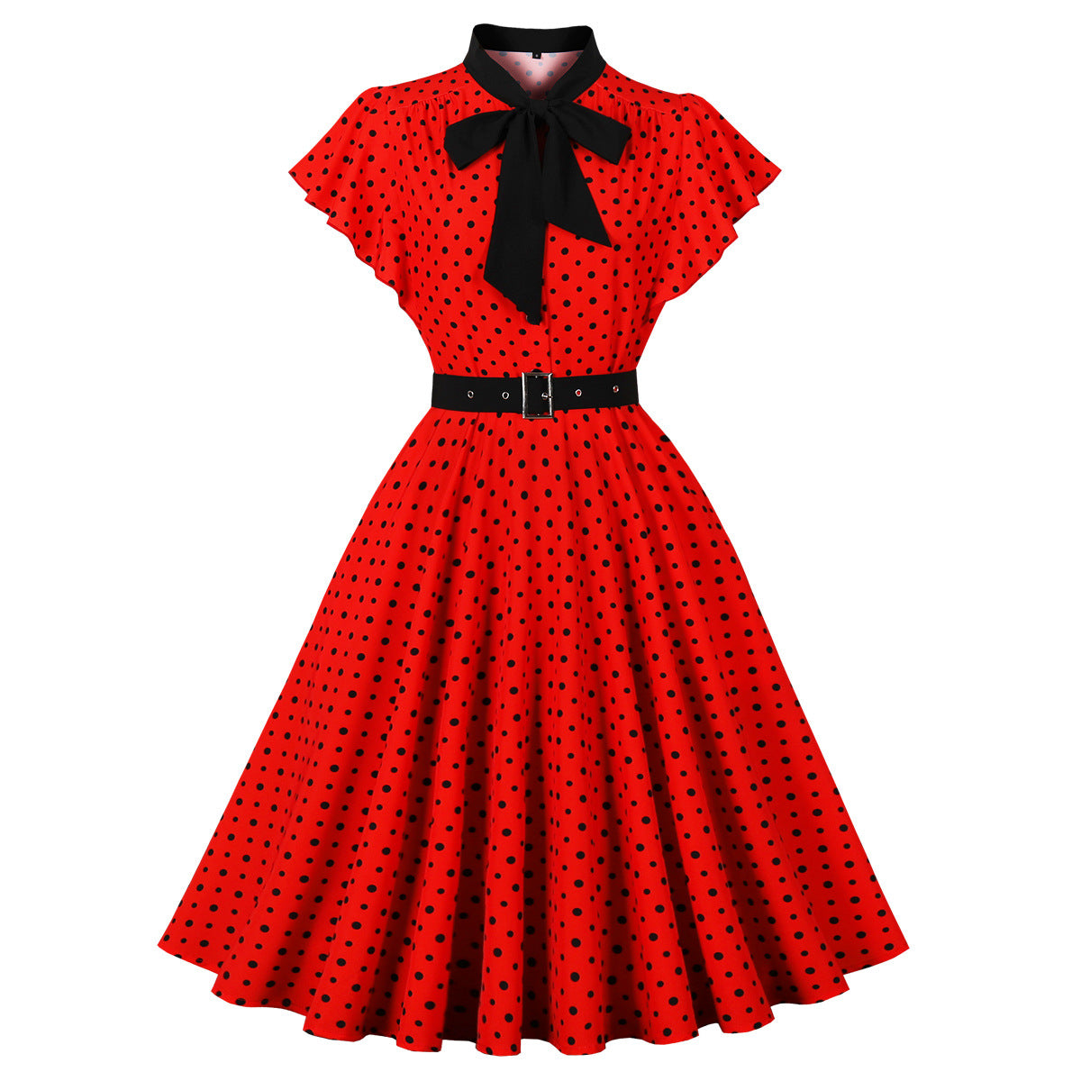 Women's Short-Sleeve Round Neck Knee-Length Retro Polka Dot A-line Dress 4