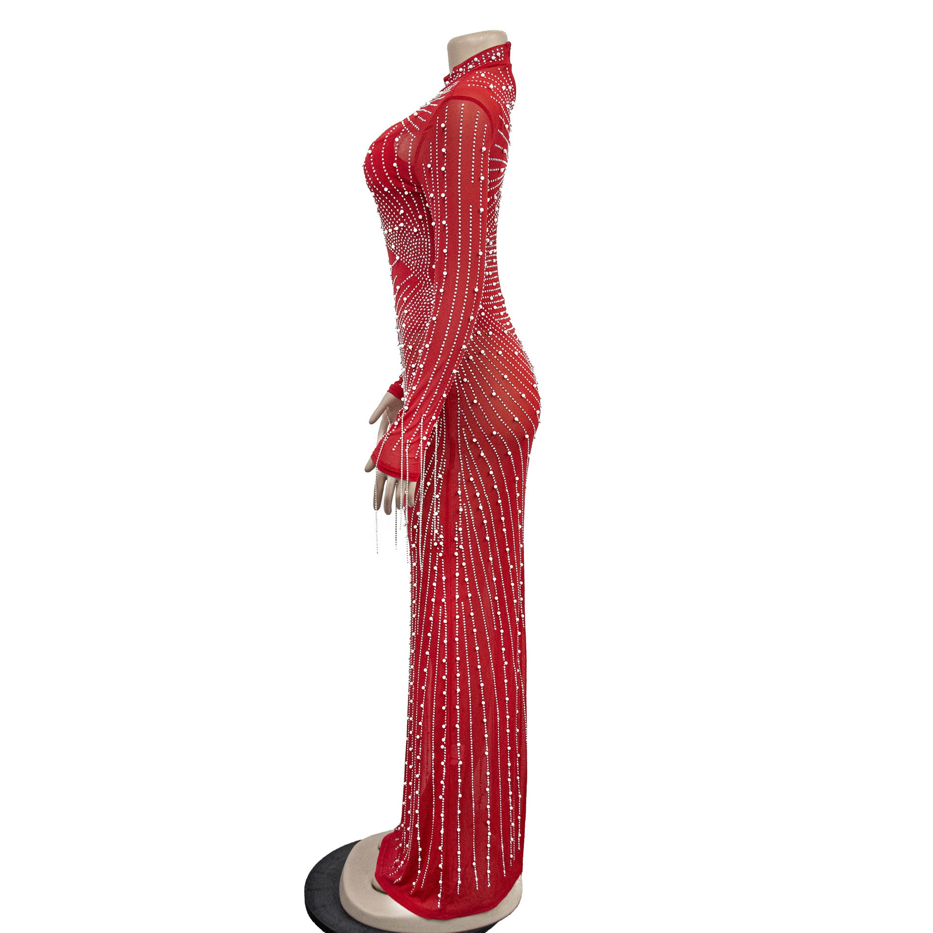 Women Mesh See-Through Beaded Long Sleeve Maxi Dress Set 21