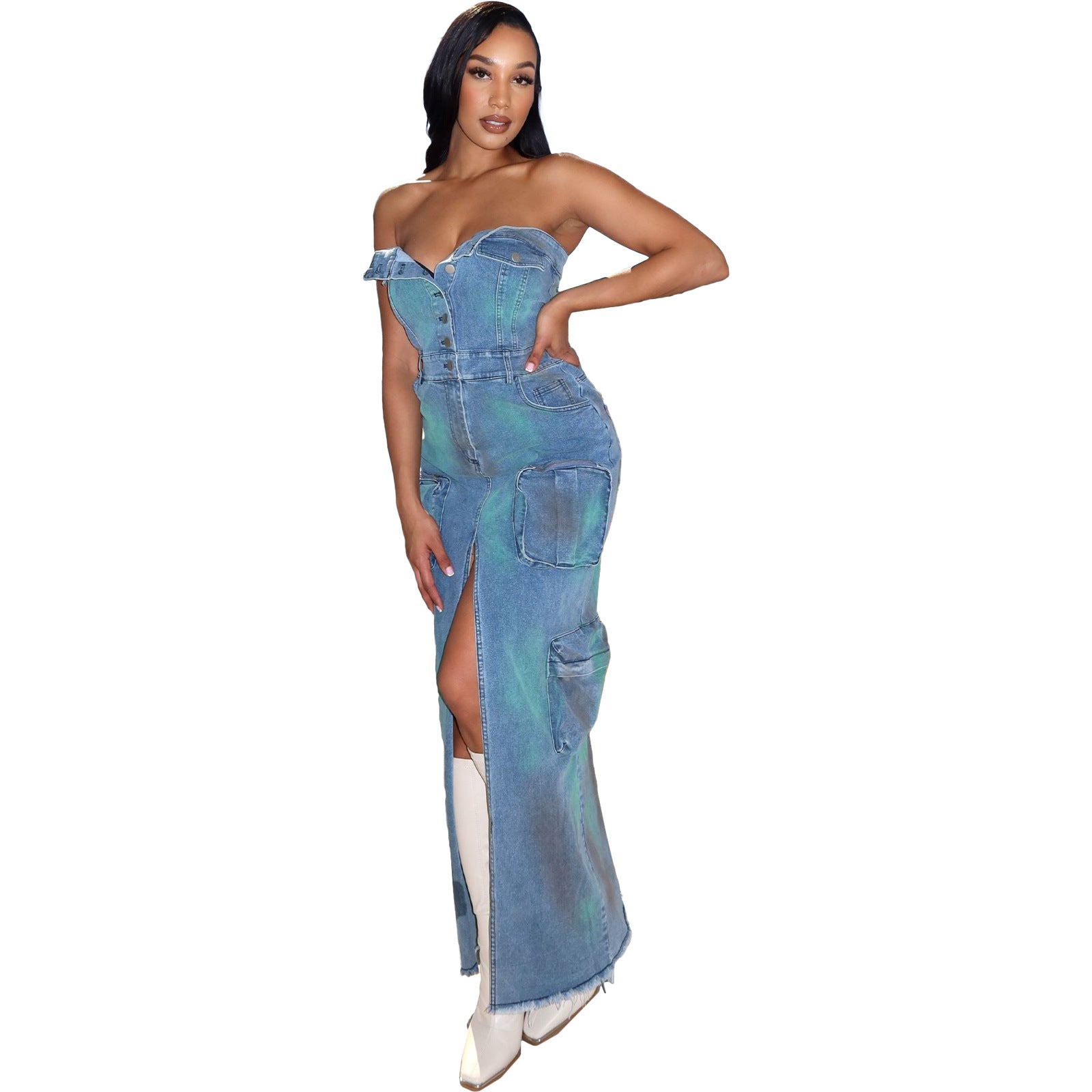Women Sexy Strapless Off-Shoulder Tie-Dye Slit Cargo Denim Dress 5