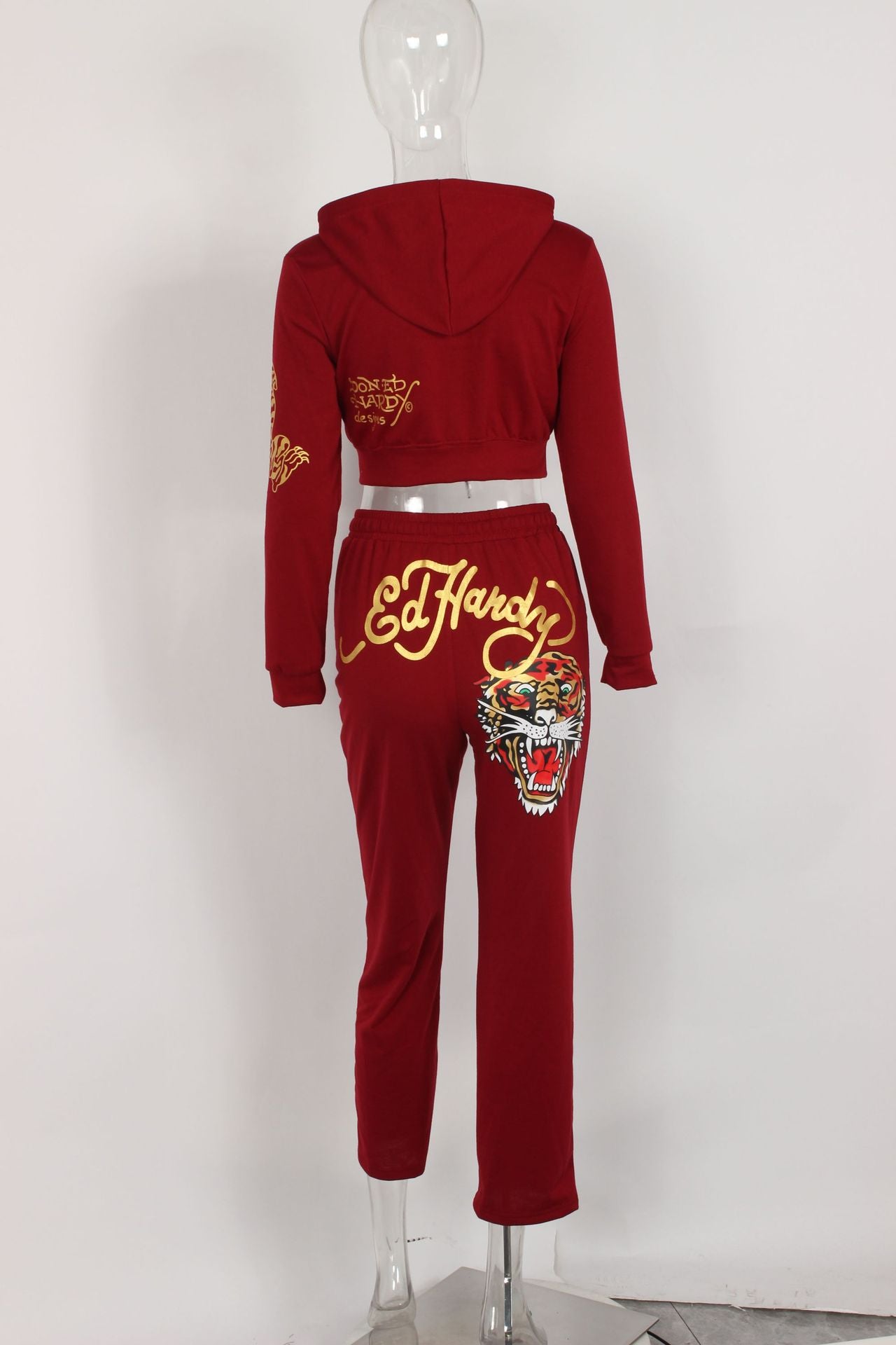 Fashionable street printed zipper short hoodies high waist straight trousers two piece set 21