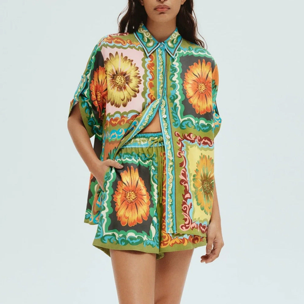 Summer Women's Floral Printed Short Sleeve Shirt Shorts Loose Casual Two Piece Set 3