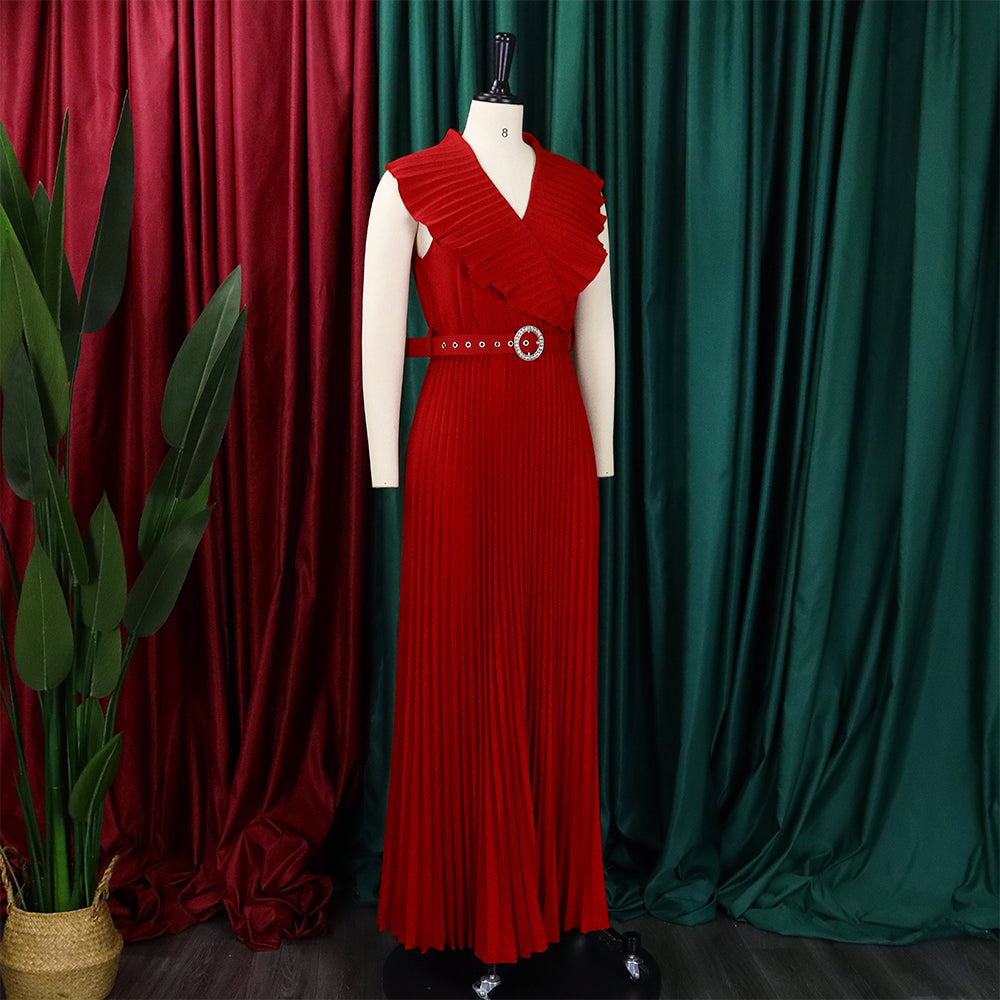 Women Summer Sexy Ruffled Pleated Maxi Dress with Belt 19