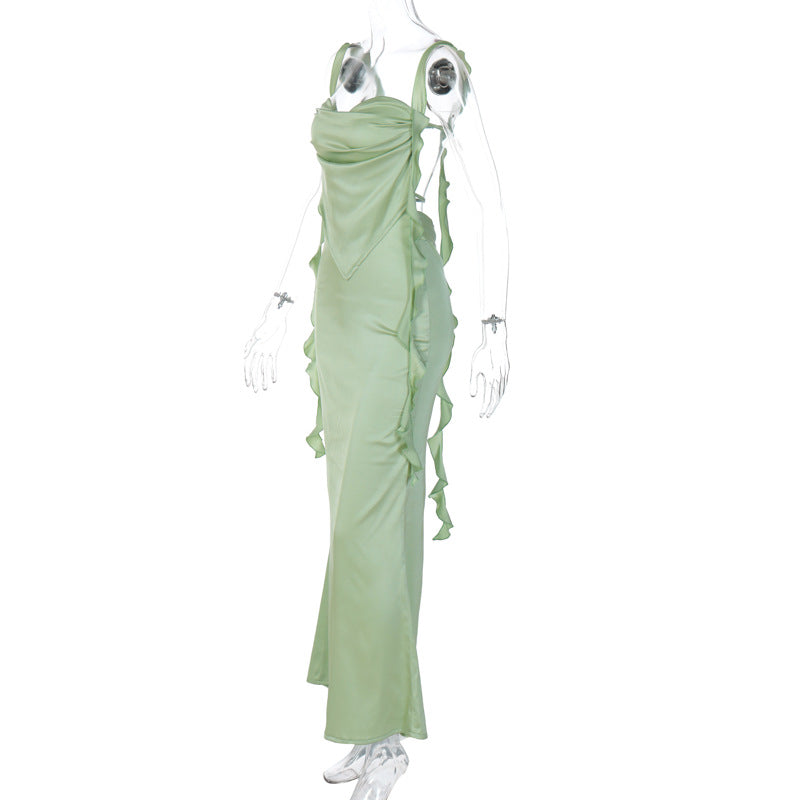 Summer Same Style Lace Suspender Low Back Fashion Falbala Ribbon Long Dress 10