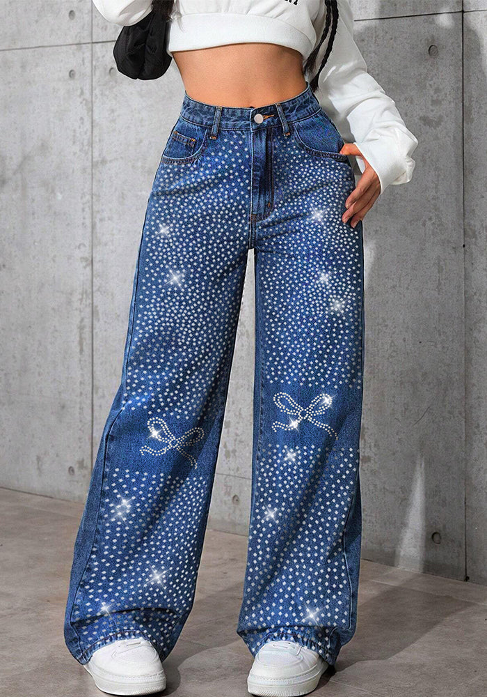 Women American Retro Blue Denim Beaded Butterfly Pants