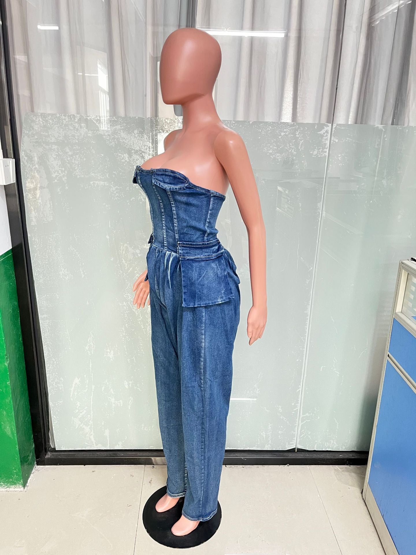Women Strapless Stretch Denim Jumpsuit 7