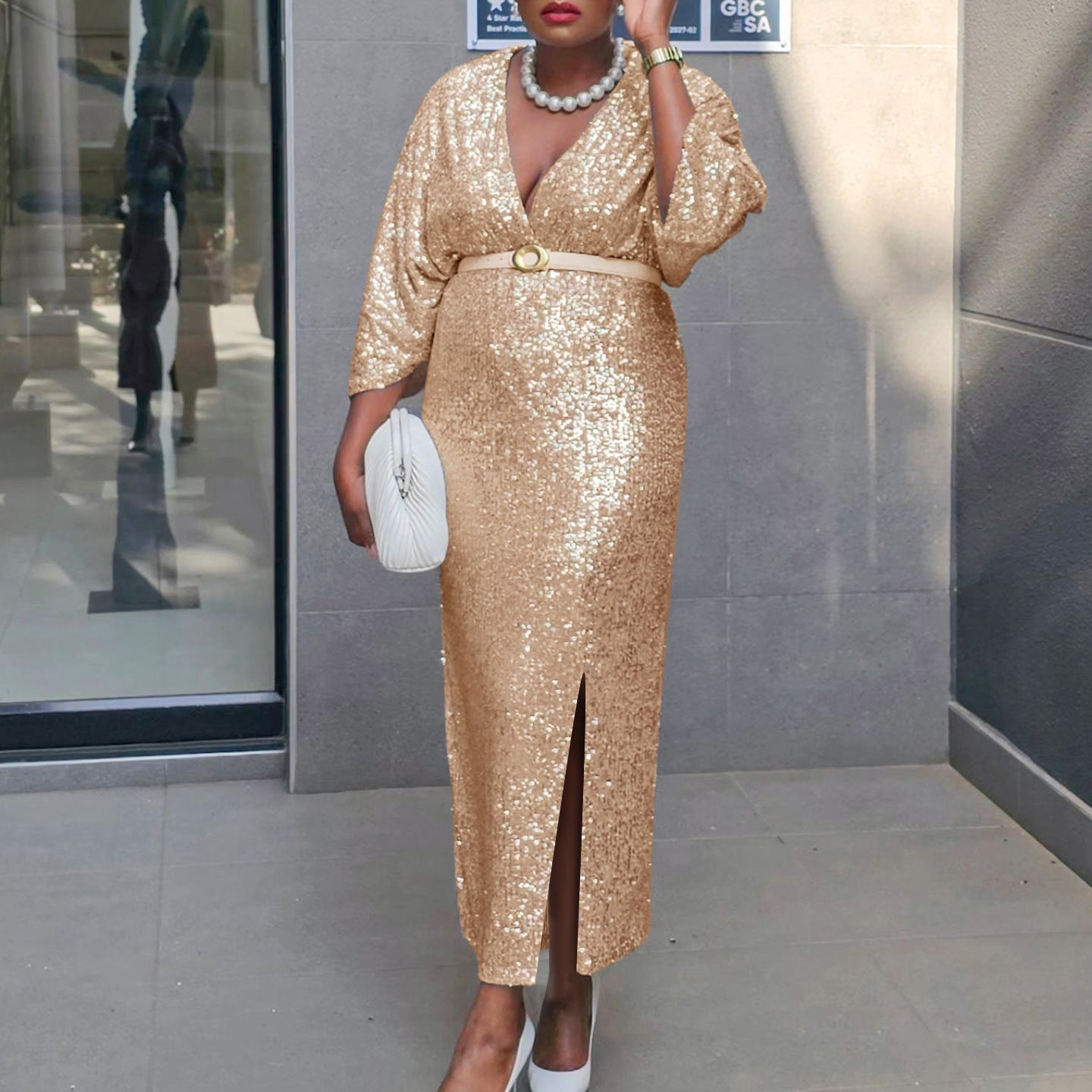 Fashion African Women's Chic V Neck Sexy Slim Sequin Plus Size Evening Dress 4