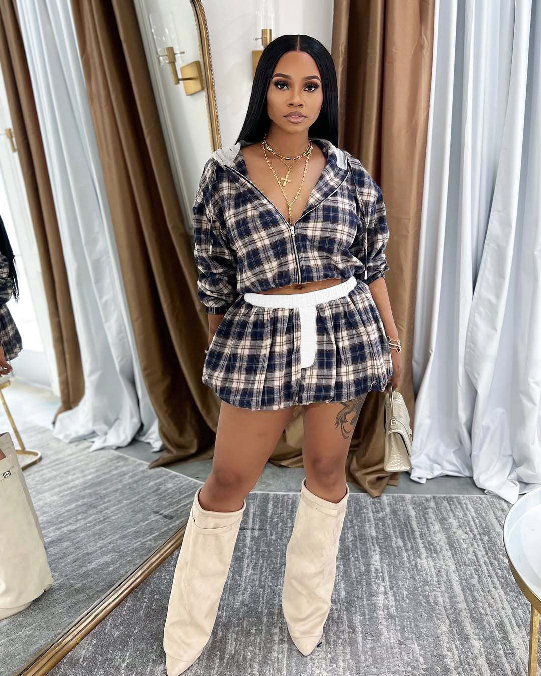 Fashionable print zipper short jacket top bubble short skirt Two Piece Set