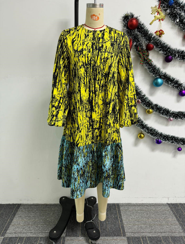 Women Printed Lace-Up Balloon Sleeves Loose Large Hem Round Neck Dress 5