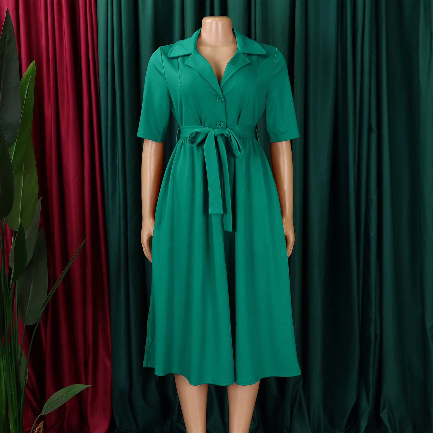 Plus Size Women Summer Short Sleeve Turndown Collar Lace-Up Solid African Dress 12