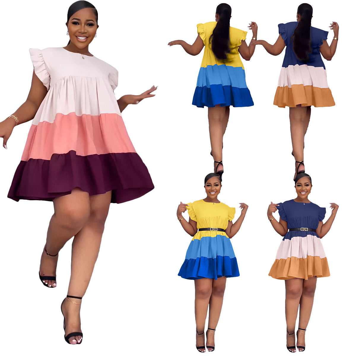 Women's Round Neck Ruffle Sleeve Contrast Patchwork Oversized Swing Dress 9