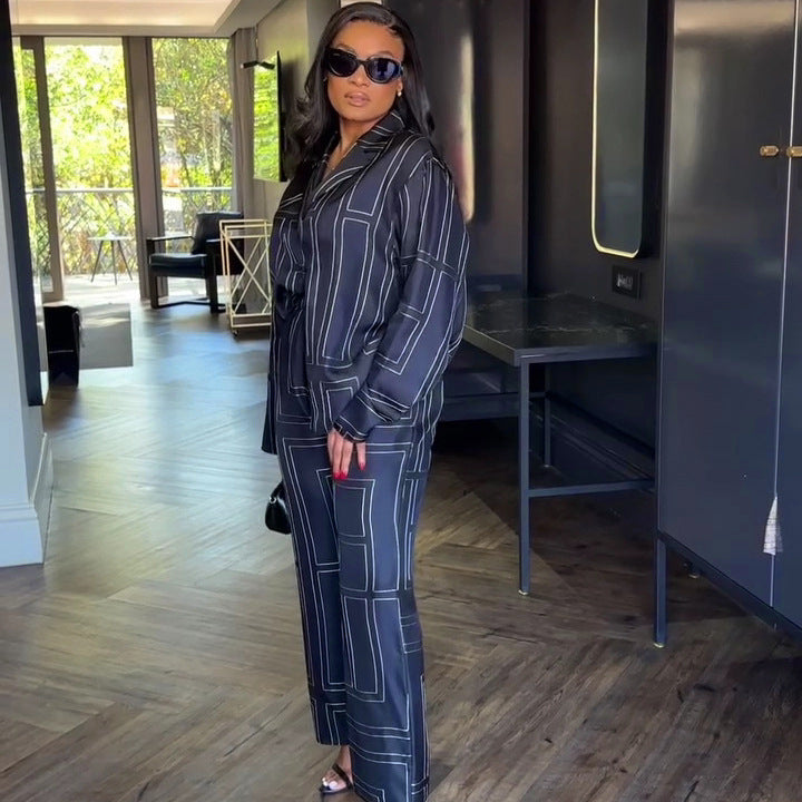 African Women Turndown Collar Long-sleeved printed shirt and wide-leg pants two-piece set 4