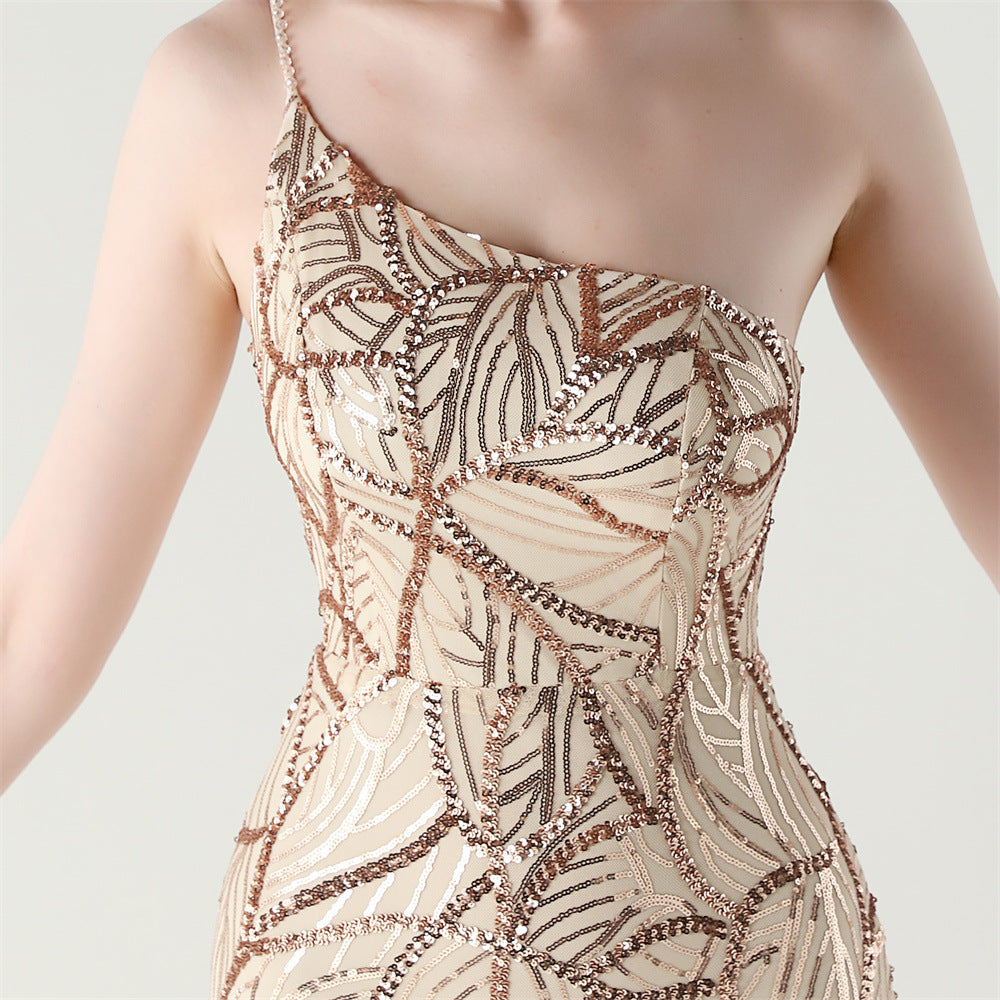 Women One Shoulder Beaded Geometric Sequin Formal Party Prom Wedding Evening Dress 75