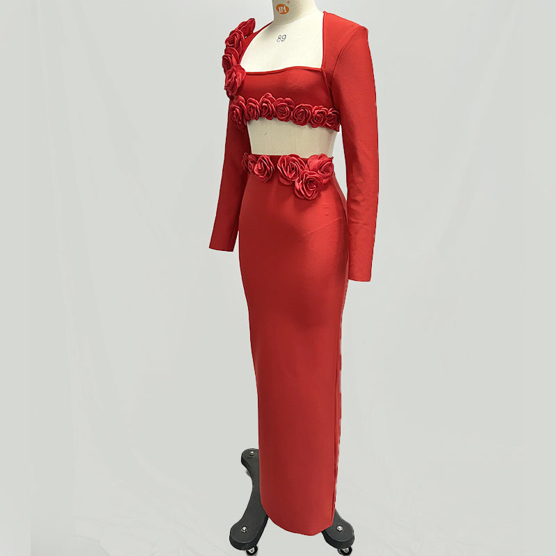 Solid Color Long Sleeve Flower Bandage Top Long Skirt Two-Piece Set 14