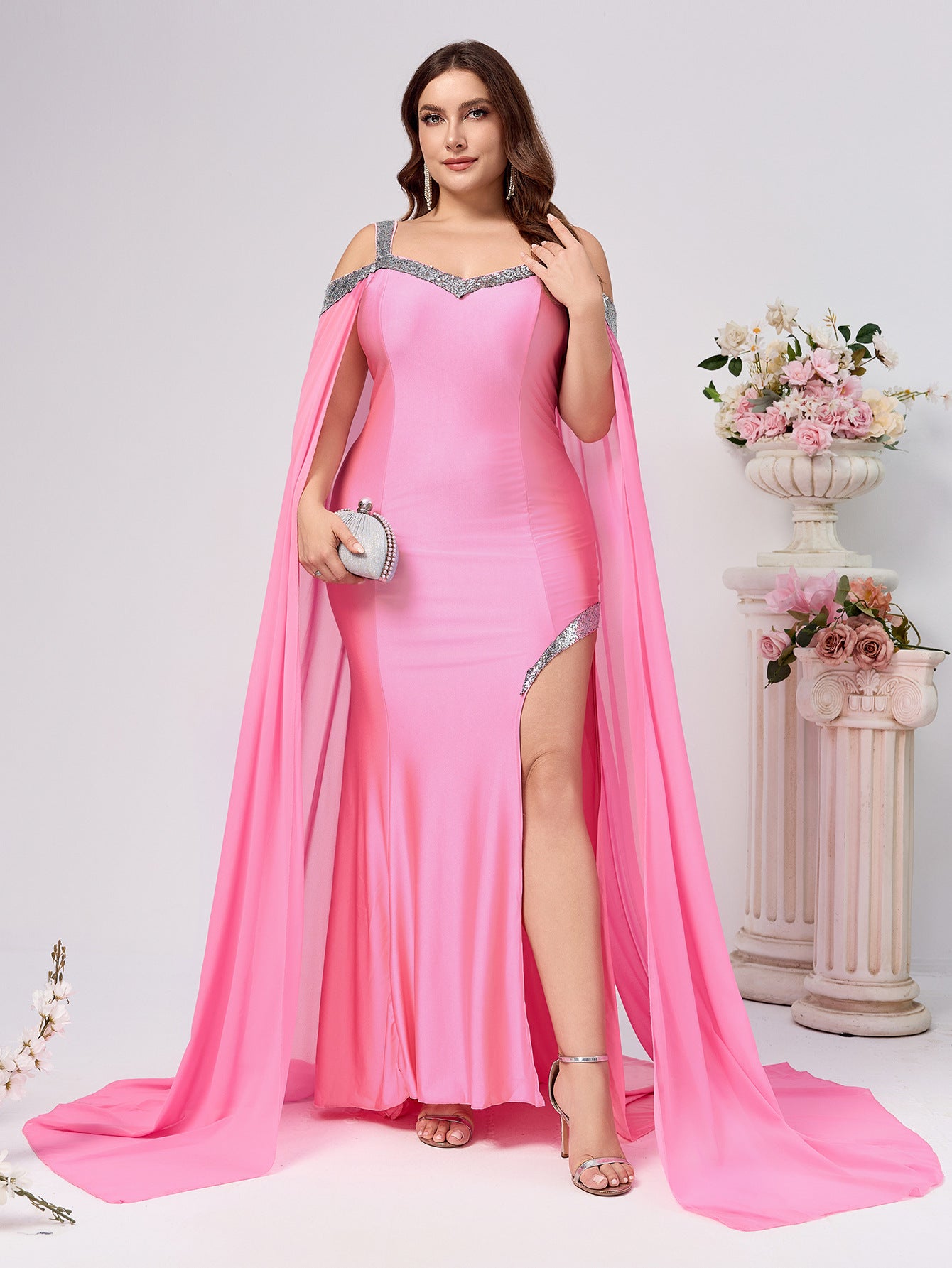 Plus Size Women Suspender Sequin Solid Trailing Evening Dress
