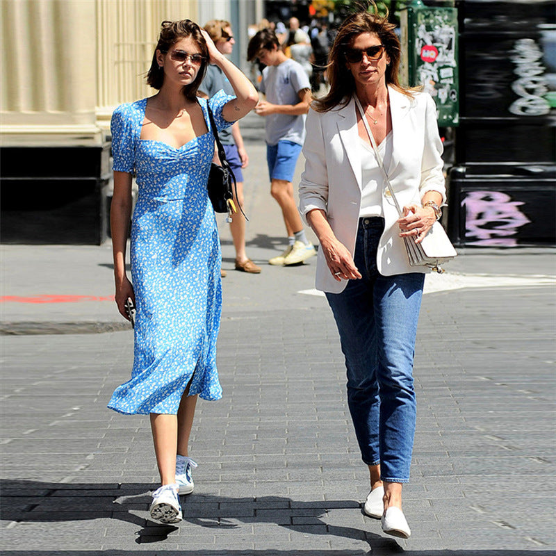 Women sexy square neck floral slit dress 4