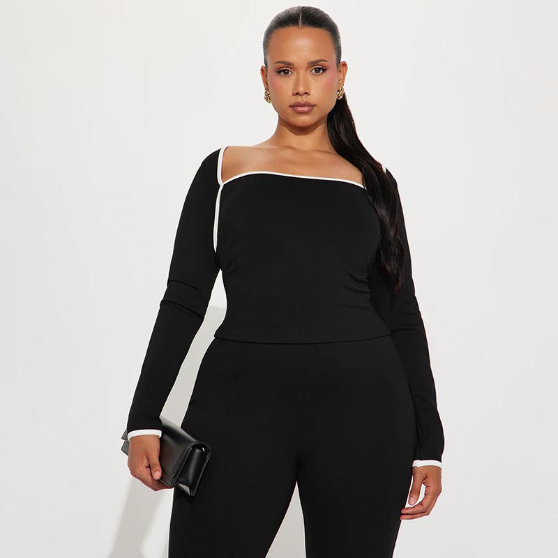 Women's Autumn Winter Solid Color Patchwork Color Block Trim Long Sleeve Top Slim Pants Set 12