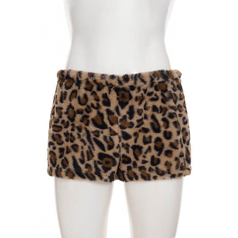 Women Leopard Print Off-Shoulder Long-Sleeved T-Shirt and Furry Shorts Two-Piece Set 27