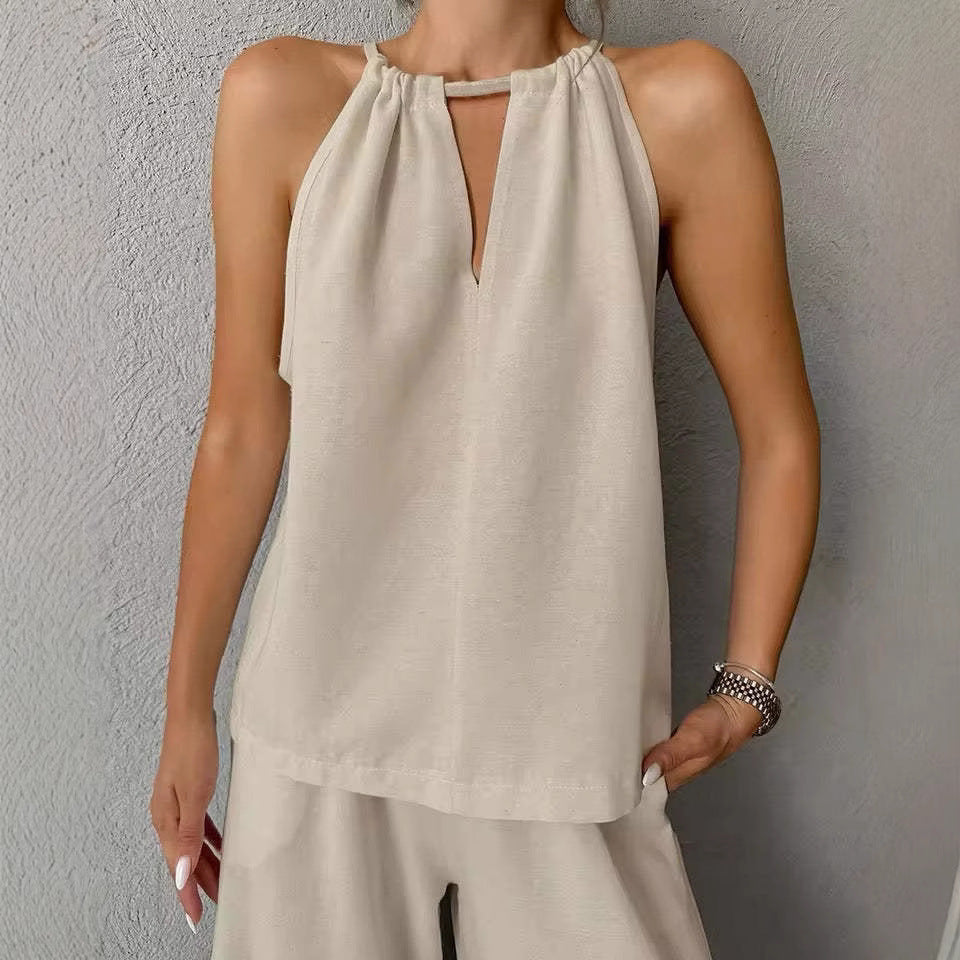 Women Summer Solid Lace-up Casual Top and Pant Two-piece Set 3