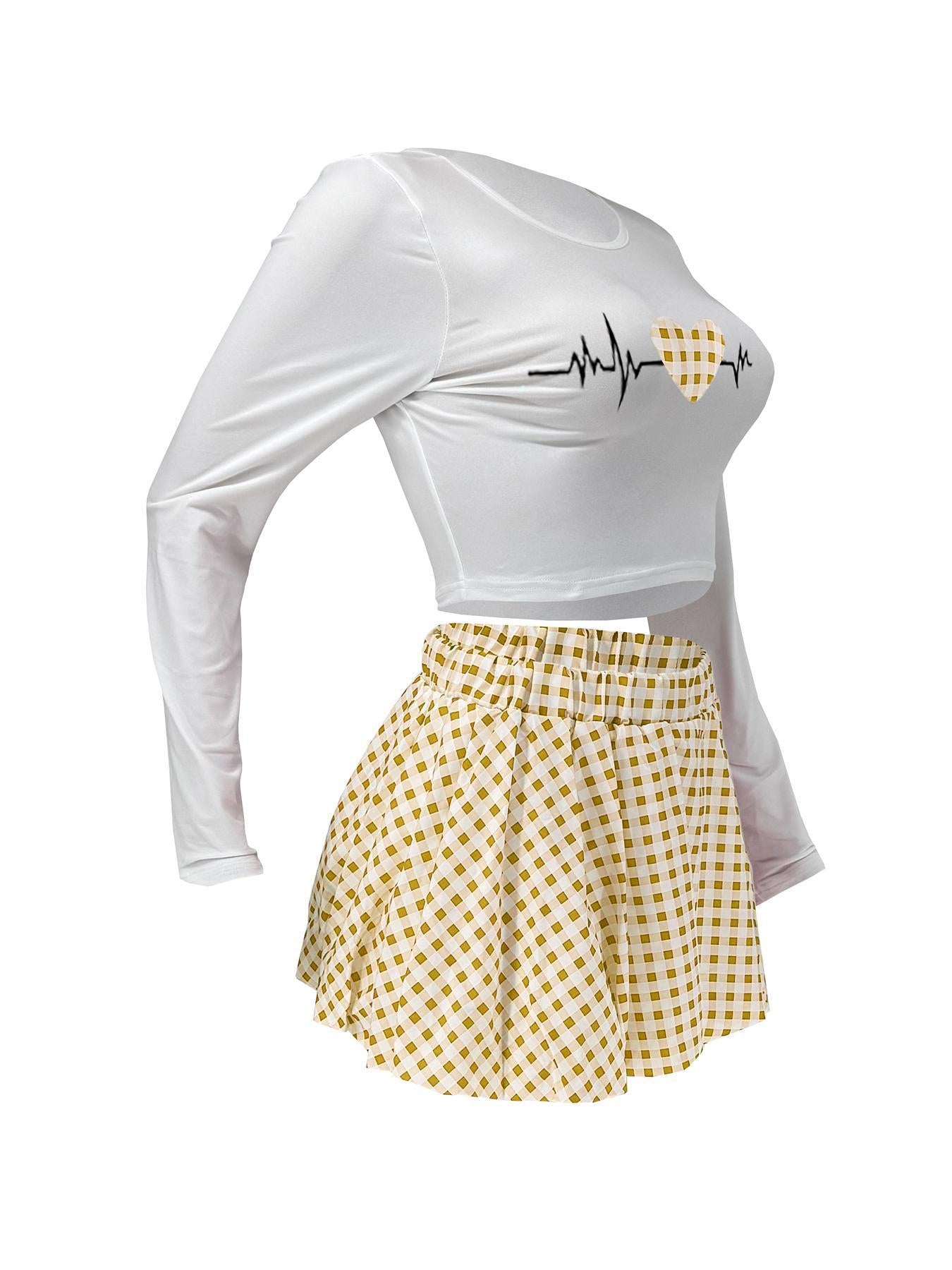 Women Casual Top and Plaid Flower Bud Skirt Two-piece Set 30