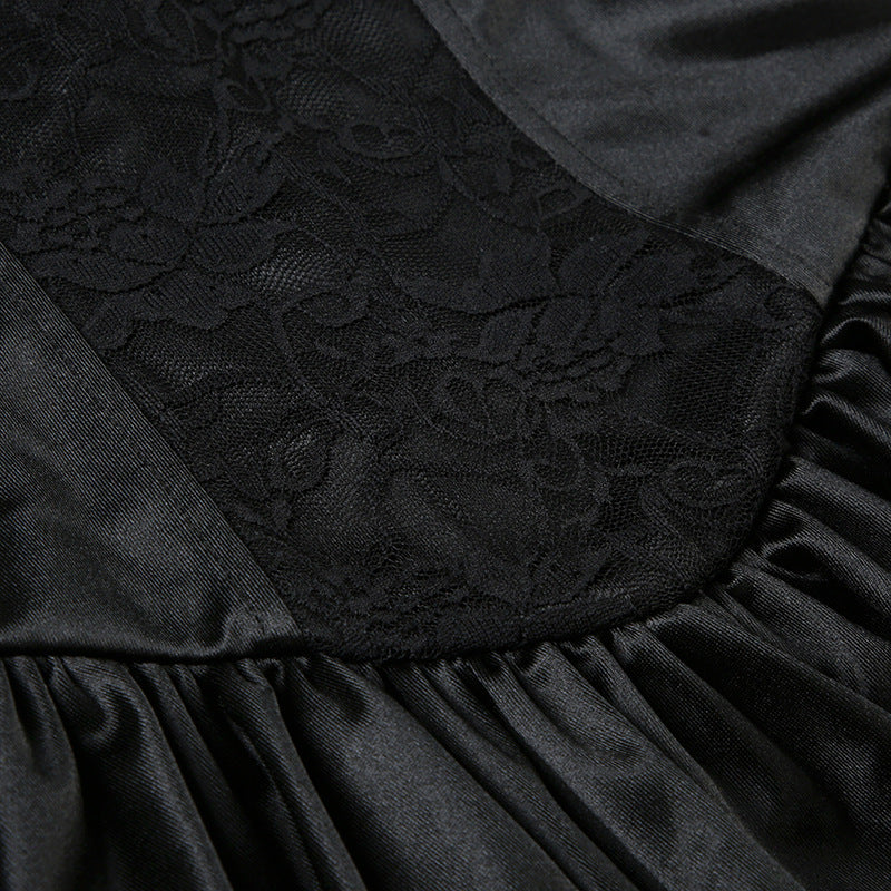 Women Sexy Solid Color V-Neck Lace Patchwork Slim Waist A-Line Strap Dress 20