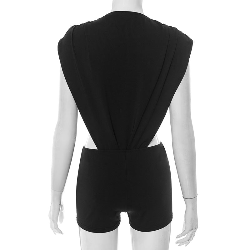 Women's Round Neck Sleeveless Side Cutout Bodysuit Top Tight Fitting Shorts Two-Piece Set 10