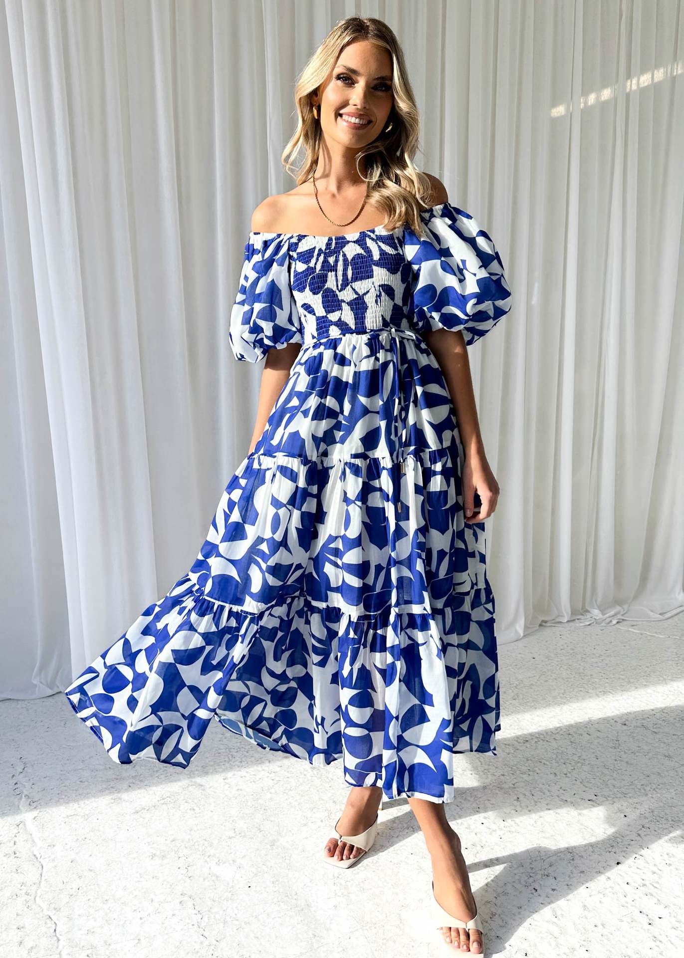 Women Elegant Print Off Shoulder Puff Sleeve Dress 35