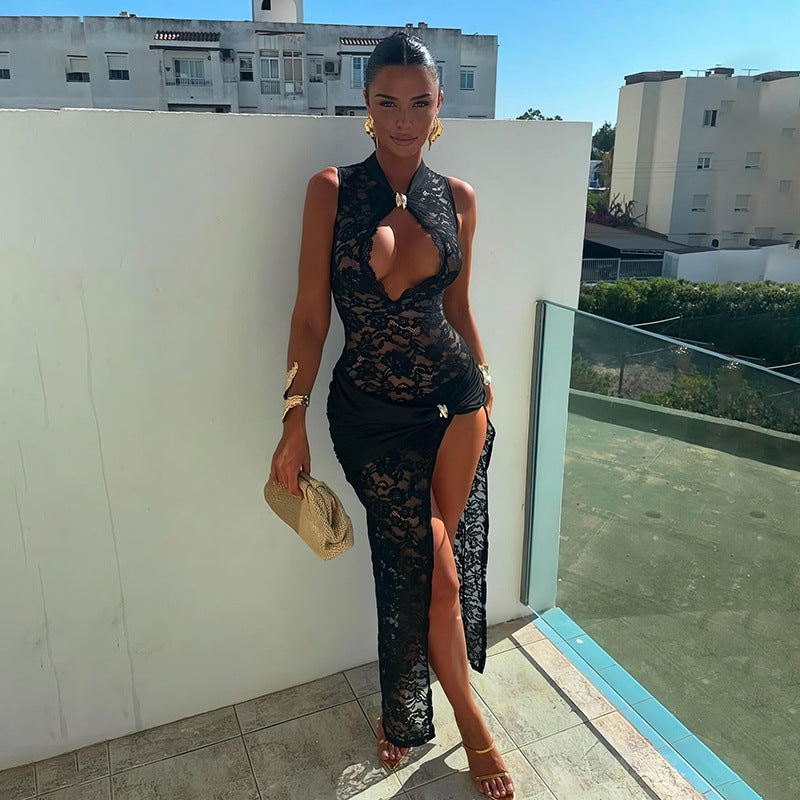 Women spring sexy hollow lace Patchwork Pleated slit Bodycon Dress 12