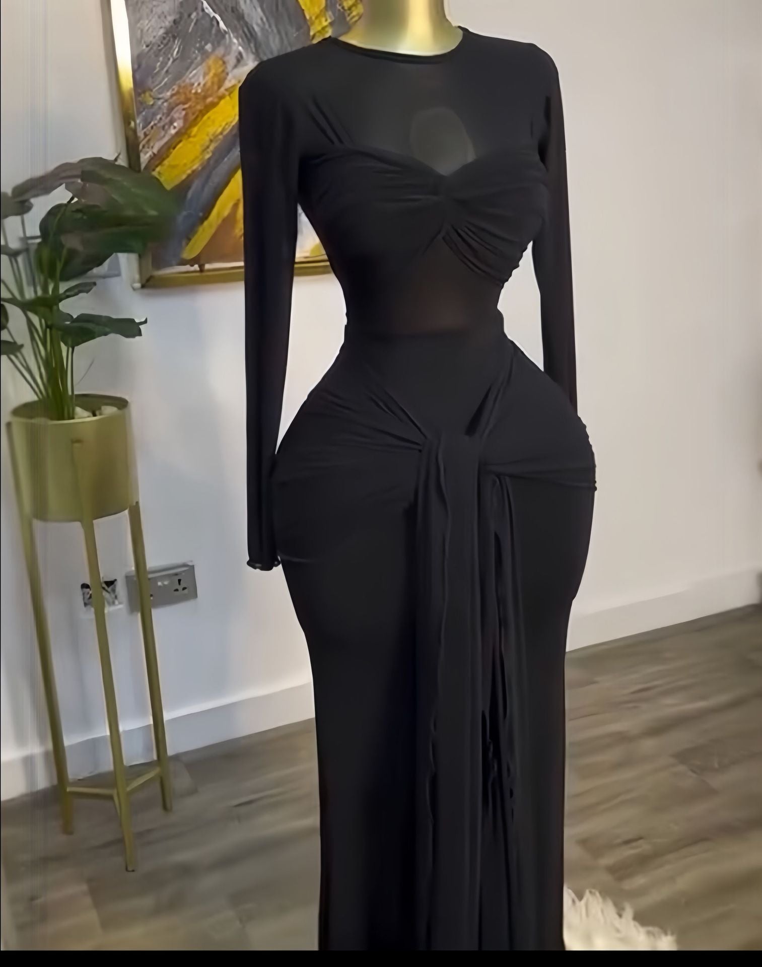 Women's Spring Solid Color Long Sleeve Round Neck Tight Fitting Long Dress