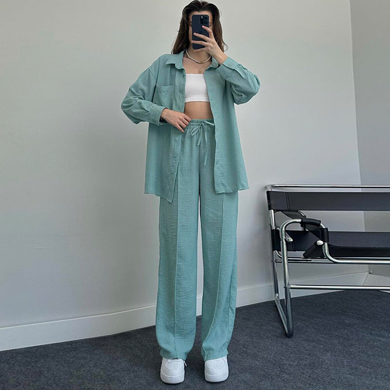 women's autumn and winter long-sleeved shirt elastic waist trousers casual two-piece pants set 21